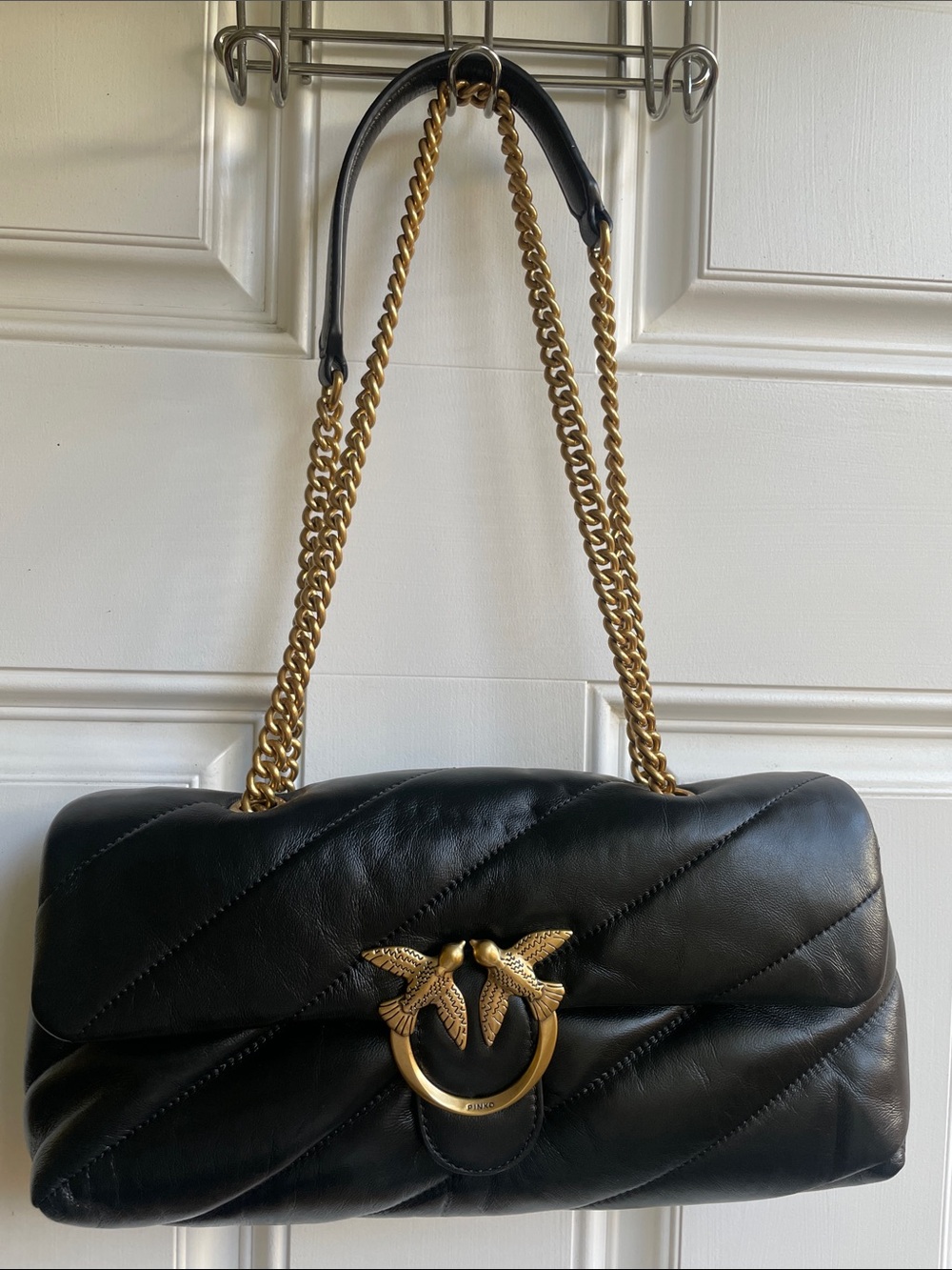 Pinko Black Quilted Leather Shoulder Bag with Gold Hardware